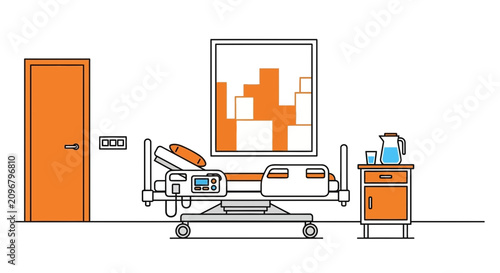 Hospital Room Interior Illustration With Orange Accents and Modern Bed Details