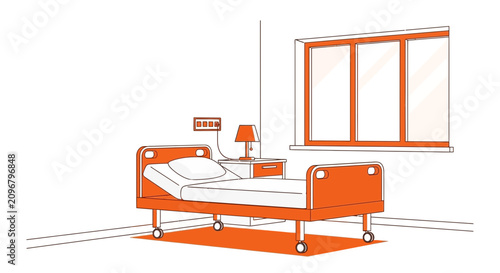 Hospital Room Interior Illustration With Orange Bed and Big Window Detailed View