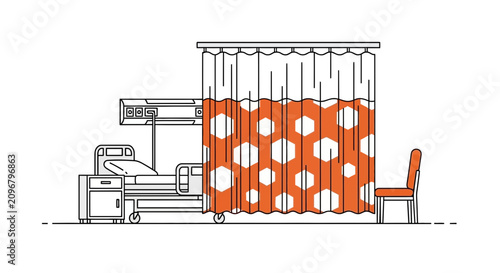 Hospital Room Interior Illustration With Orange Privacy Curtain And Medical Bed Illustration