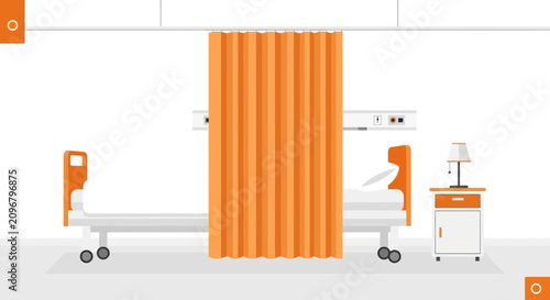 Hospital Room Interior Illustration With Orange Privacy Curtain And Medical Bed
