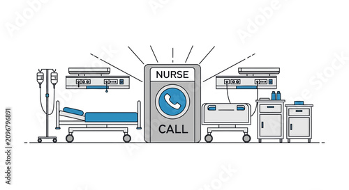 Hospital Room Interior Illustration with Nurse Call Icon Design Depicting Medical Assistance