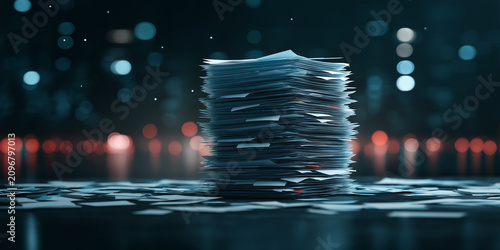 Abstract representation of data privacy legislation with piles of paperwork and a dimly lit background