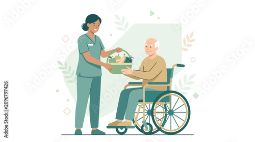 Dietitian offers fruit basket to elderly man in wheelchair, promoting healthy eating and care
