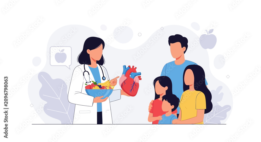 Fototapeta premium Doctor Advises Family on Healthy Heart Diet with Fruits and Anatomical Heart Model