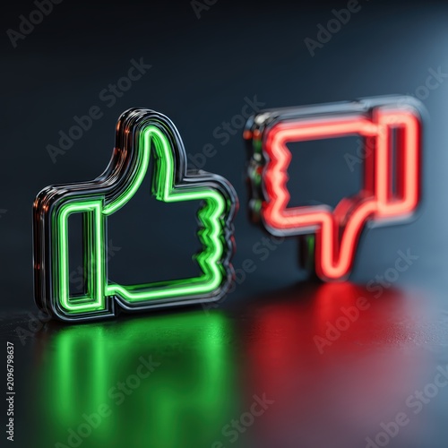Neon Thumbs Up and Thumbs Down Icons: A striking juxtaposition of a neon green thumbs up and a neon red thumbs down, representing approval and disapproval in a digital age.