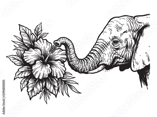Konstfotografi Black and white elephant illustration, floral design element, tropical leafy bra