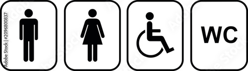 Canvastavla Set of professional black and white restroom icons for men women and disabled access in a brightly lit clean public area