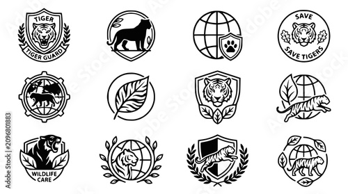 Tableau sur toile Tiger Conservation Icons Set: Wildlife Protection, Nature, Animal Safari, Endang