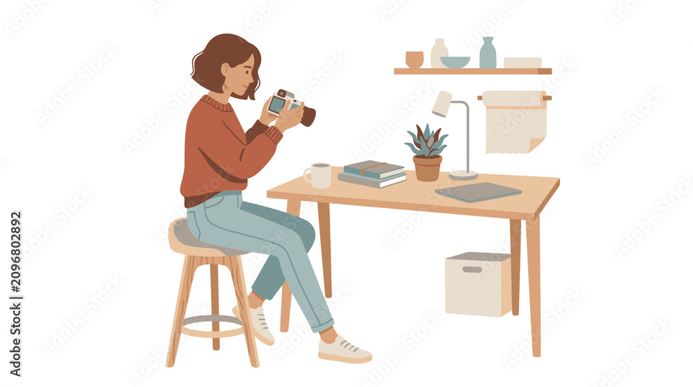Fototapeta premium Woman Sitting at Kitchen Table Using Smartphone for Cooking Recipes.