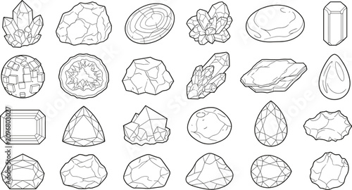 Cuadro en lienzo Crystal Gemstones and Natural Rocks Line Art Vector Collection for Geology and J