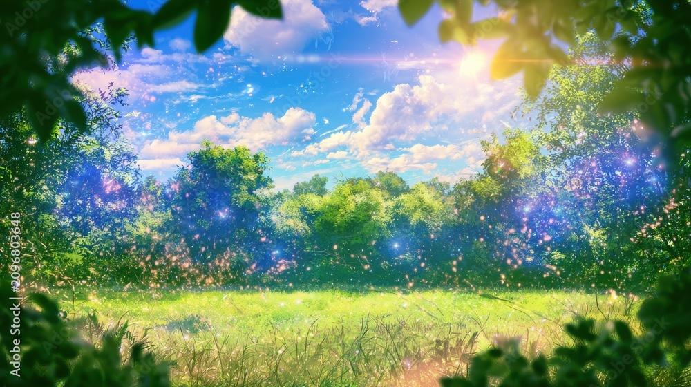 Fototapeta premium Anime style magical forest clearing with glowing particles, vibrant vivid colors, clear midday, beautiful clouds, sparkling light, lens flare, lush greenery, highly detailed landscape