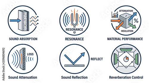 Canvas-taulu Acoustic Properties Icons: Sound Absorption, Resonance, Insulation, Reflection
