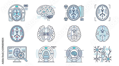 Human Brain MRI and CT Scan Illustrations Set: Medical Imaging and Neuroscience