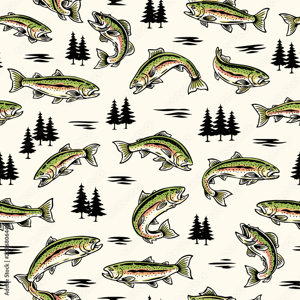Obraz premium Vintage trout fish seamless pattern, retro jumping salmon and pine tree forest background, rustic outdoors fishing vector illustration