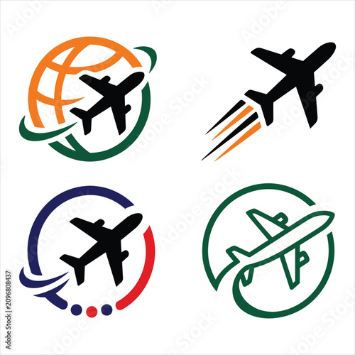 Set of modern airplane travel icons and aviation vector logo templates with airplane aviation transportation transport international business vacation traveling collection adventure aircraft