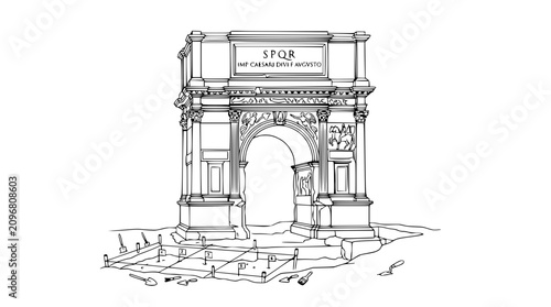 Fotografie Arch of Titus Roman Monument Line Art Drawing Illustration