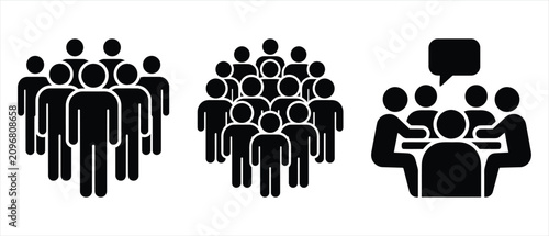 Set of black people group and meeting icons representing team communication with business communication discussion management corporate workplace collaboration leadership organization