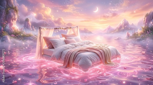 Dreamlike Bed Floating on Magical Pink Water in Fantasy Landscape