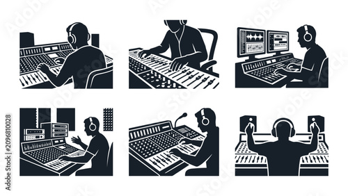 Bild auf Leinwand Sound Engineer Working in Music Studio - Icon Set