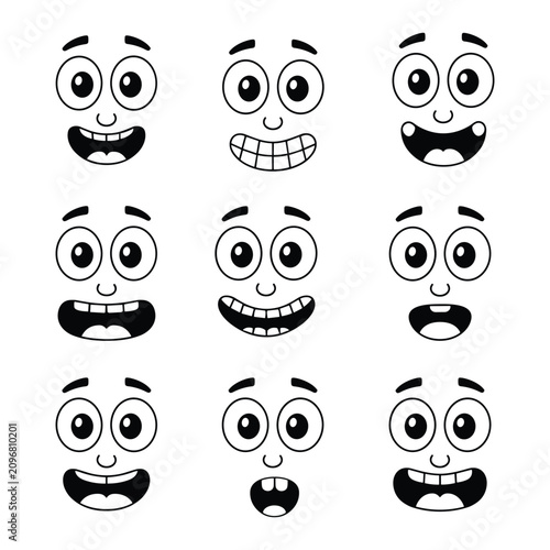 фотографія Vector collection of nine cartoon facial expressions displaying joy and surprise with flat lighting on a white background
