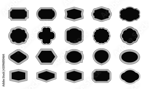 Canvastavla Collection of twenty black vintage label frames and ornate borders under flat lighting on white for elegant brand design
