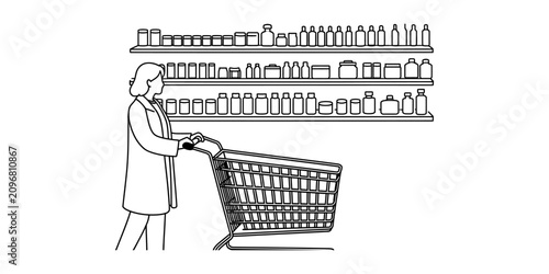 Fotografie A woman pushing a metal shopping cart while choosing products from shelves in a