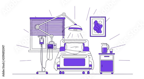 Hospital Room Interior Illustration with Medical Equipment and Purple Accents Healthcare Concept