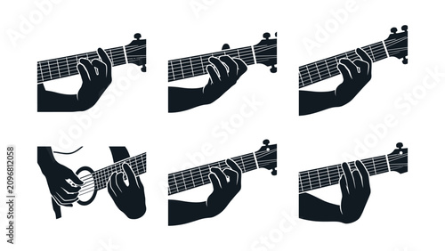 Cuadro en lienzo Guitar Chord Diagrams and Hand Silhouette - Learn to Play Music