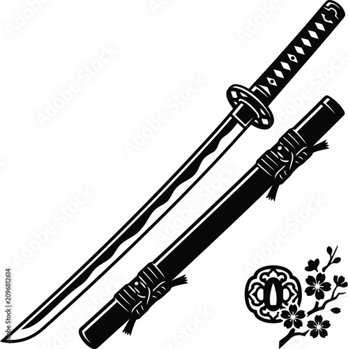 Konstfotografi Japanese Katana Sword with Scabbard Black and White Illustration with Decorative