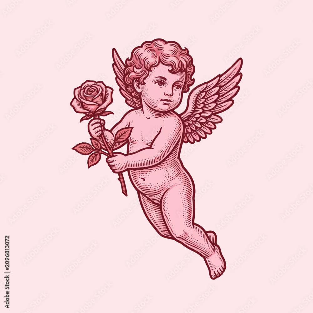 Obraz premium A cute cherub holding a single rose in pink tones
