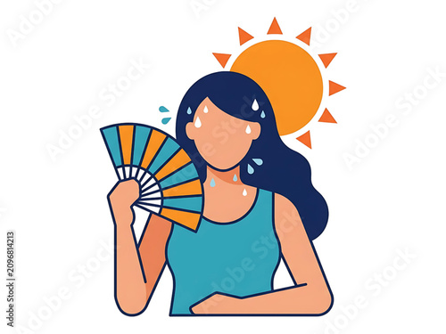 Woman Cooling Herself During Extreme Heat | Flat Vector Illustration