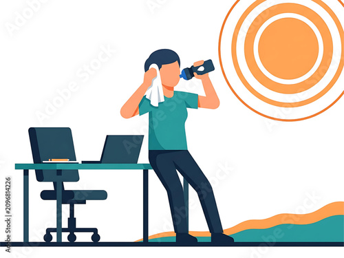 Office Worker Overheating During Extreme Heat | Flat Vector Illustration