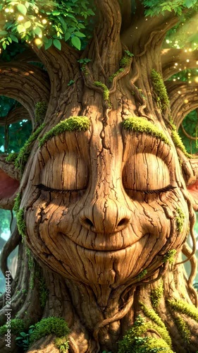 A smiling tree with a face and moss.