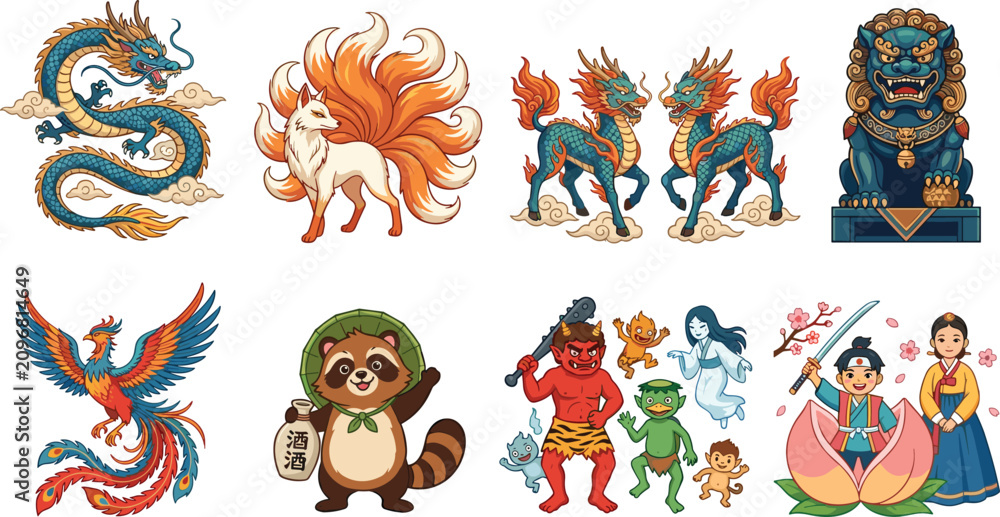Obraz premium Traditional Japanese mythological creatures and folklore characters vector illustration set including dragon kitsune tanuki phoenix and yokai isolated on white