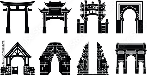 Tablou pe pânză Traditional landmark gates and historic archways silhouette icon set including t
