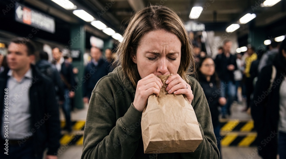 Fototapeta premium Young Woman Having Panic Attack Breathing into Paper Bag in Crowded Subway Station