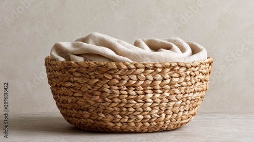Woven wicker basket with soft linen blanket elegantly displayed on a neutral textured background for home decor inspiration