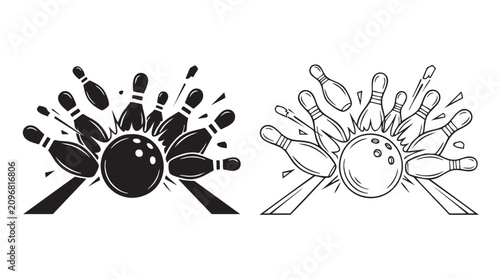 Canvas Print bowling ball striking pins black silhouette with line art vector