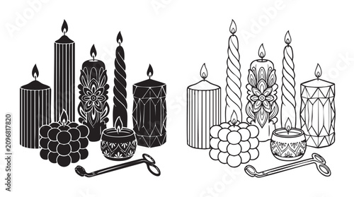 Photos candles black silhouette with line art vector featuring decorative, wax, taper