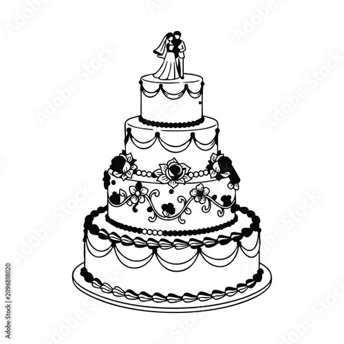 Elegant four-tiered wedding cake illustration with intricate decorations and a classic bride and groom topper, perfect for celebrations.