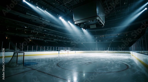 Professional ice hockey rink inside large empty arena.