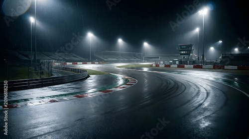 Wet asphalt race track at night under bright stadium lights during rain, wide turn with curbing and grandstands.