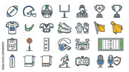 Foto American Football Icons Set: Sports Equipment, Players, Referee, Stadium, and Ga