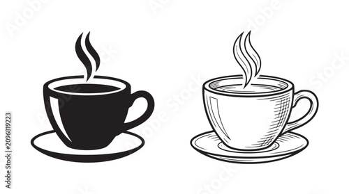Photos coffee cup and saucer black silhouette with line art vector illustration
