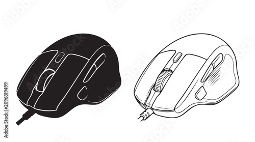 Foto computer mouse black silhouette with line art vector illustration