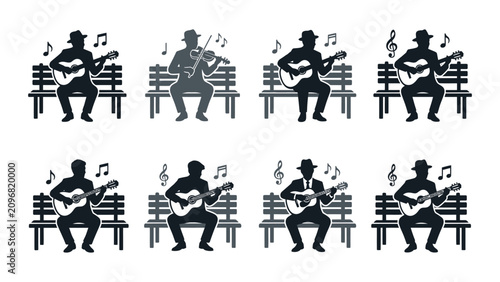 Bild auf Leinwand Musicians Playing Guitar and Violin Sitting on Bench, Silhouette Vector Icons