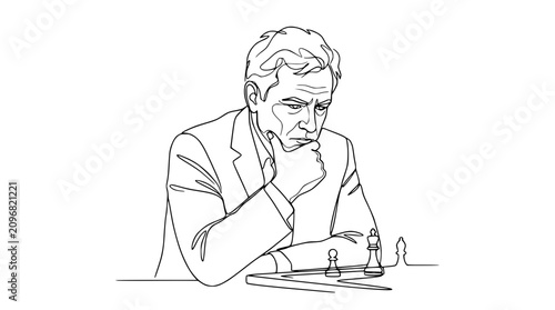Photos Man playing chess, focused strategy, single line art, intellectual game
