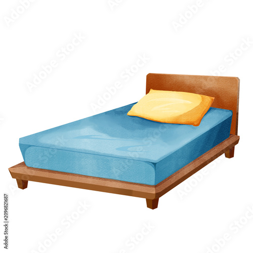 Fotografie Blue bed with yellow pillow and wooden bed frame colorful watercolor painting styled drawing illustration