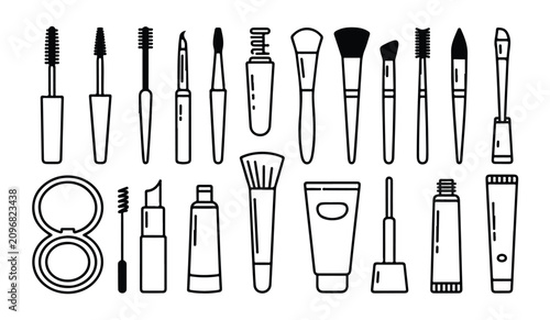 Cosmetic products and makeup tool icons set with brushes mascara tubes and lipstick vectors.