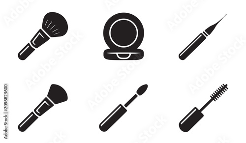 Bild auf Leinwand Selection of makeup brushes, compact powder, eyeliner, and mascara in black silhouettes